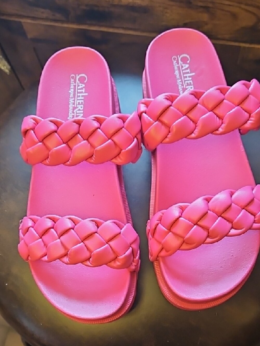 New Catherines Bright Pink Braided Double-Strap Slide Sandals - Picture 2 of 3